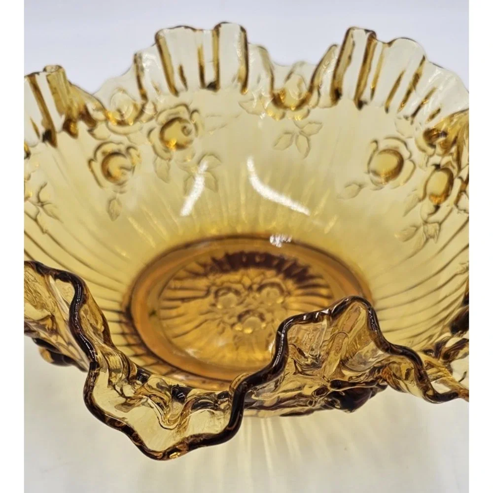 Vintage Amber Pressed Glass Basket Ruffled Edges Roses Applied Handle